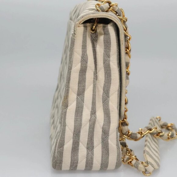 CHANEL Striped Matelasse Chain Shoulder Bag Canvas White Gray CC Auth 110304AV - Picture 5 of 16
